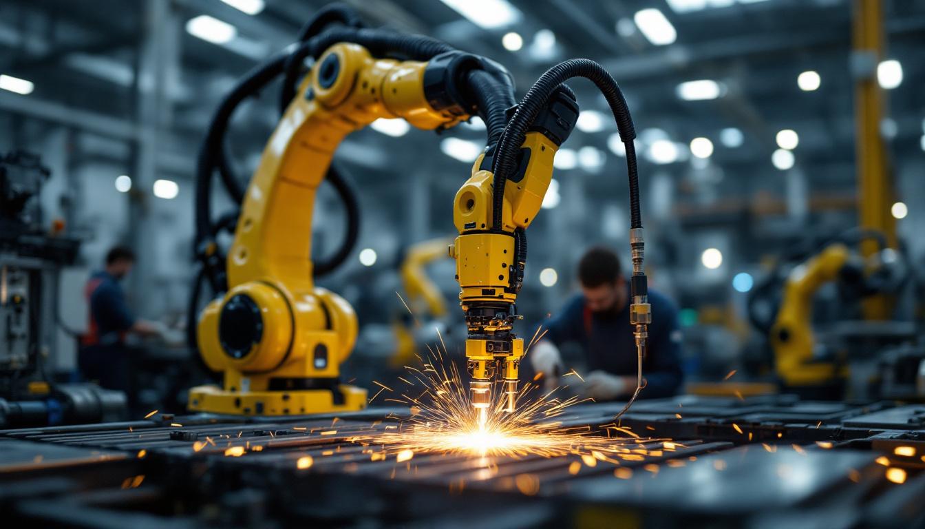 A photograph of a robotic spot welding arm in action within an industrial setting