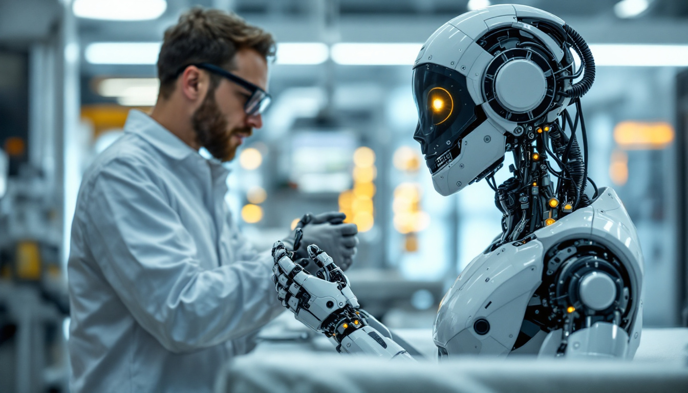 A photograph of a skilled technician working alongside an advanced rehabilitation robot in a clinical setting