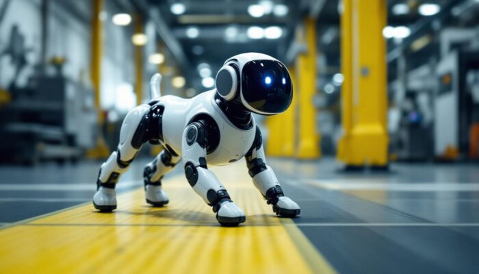 A photograph of capture a photograph of the spot robotic dog in action within an industrial setting