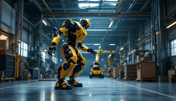 A photograph of a boston dynamics robot in action within an industrial setting