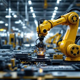 A photograph of a sleek industrial robotic arm in action within a modern manufacturing environment