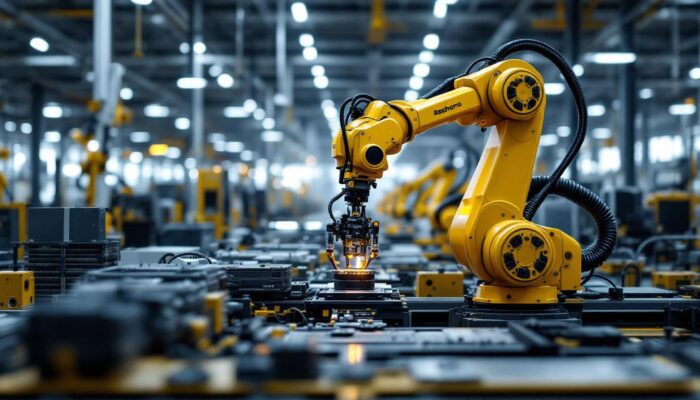 A photograph of a sleek industrial robotic arm in action within a modern manufacturing environment