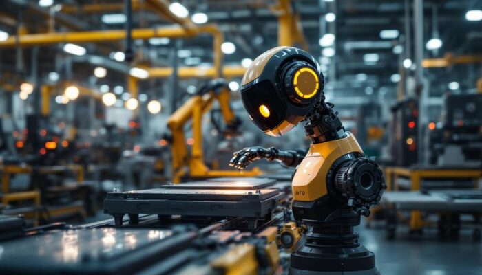 A photograph of a dynamic industrial setting showcasing a spot robot in action