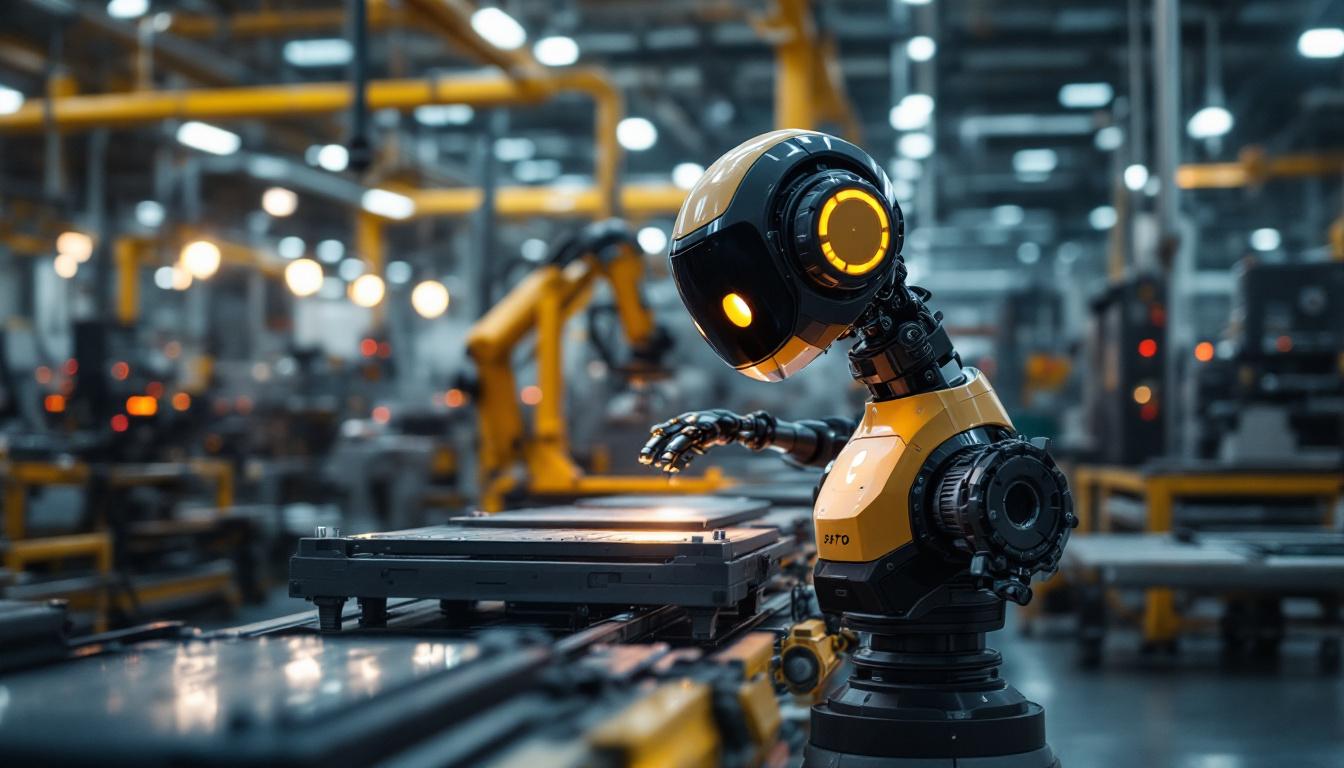 A photograph of a dynamic industrial setting showcasing a spot robot in action