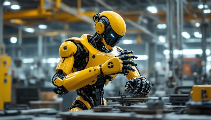 A photograph of a boston dynamics atlas robot in action within an industrial setting