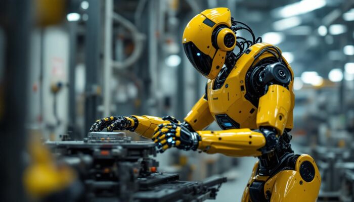 A photograph of a boston dynamics robot in action within an industrial setting