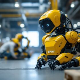 A photograph of capture a photograph of a boston dynamics spot robot in action within an industrial setting
