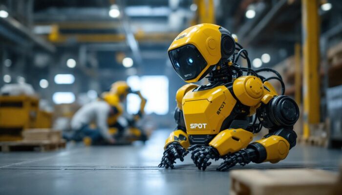 A photograph of capture a photograph of a boston dynamics spot robot in action within an industrial setting