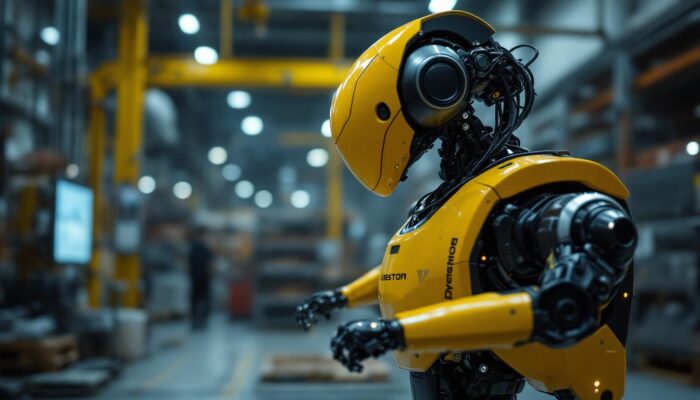 A photograph of capture a photograph of a boston dynamics robot in action within an industrial setting
