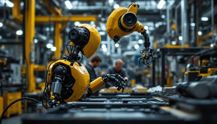 A photograph of a sleek industrial robot in action within a bustling boston manufacturing facility