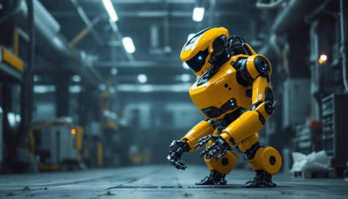 A photograph of capture a photograph of a boston dynamics robot in action within a modern industrial setting