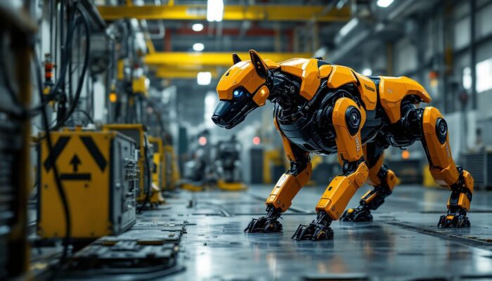 A photograph of capture a photograph of boston dynamics' robotic dog in an industrial setting