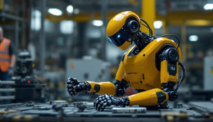 A photograph of a boston dynamics spot robot in action within an industrial setting