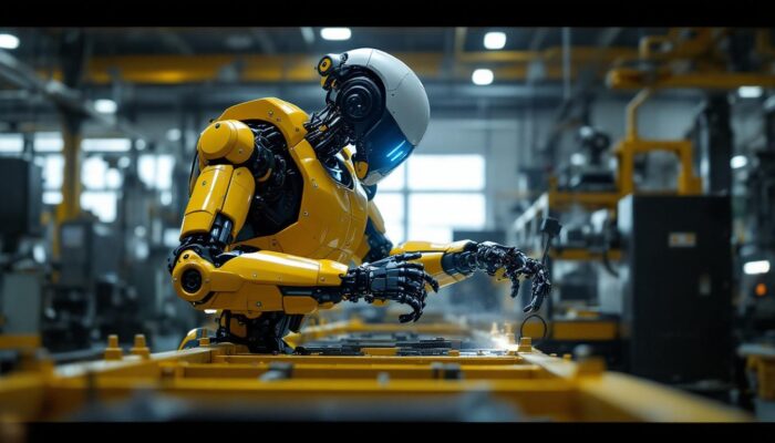 A photograph of a state-of-the-art boston dynamics robot in action within an industrial setting