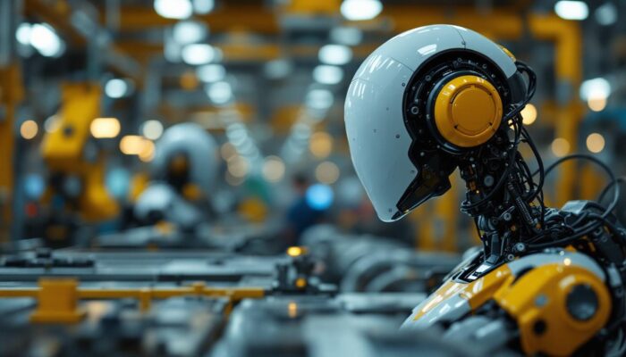 A photograph of a sleek industrial robot in action within a modern manufacturing facility