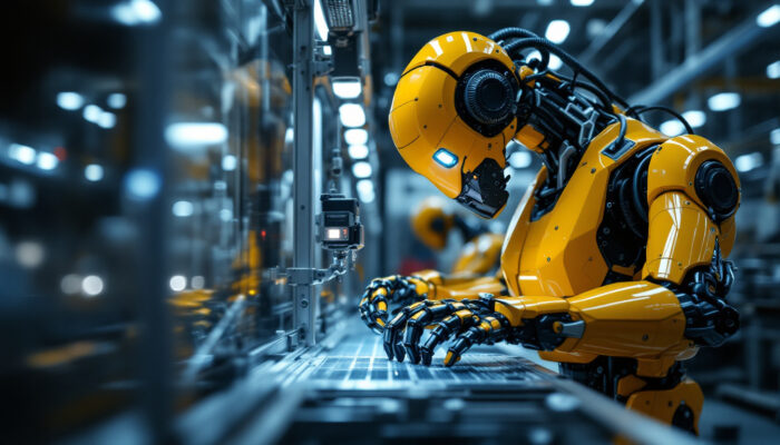 A photograph of a state-of-the-art industrial robot in action within a manufacturing environment