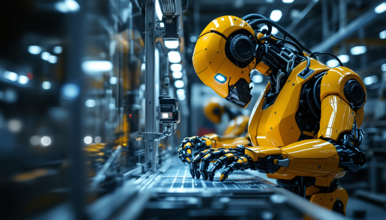 A photograph of a state-of-the-art industrial robot in action within a manufacturing environment