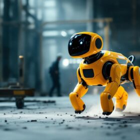 A photograph of a dynamic industrial setting showcasing the spot robotic dog in action
