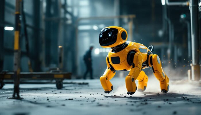 A photograph of a dynamic industrial setting showcasing the spot robotic dog in action