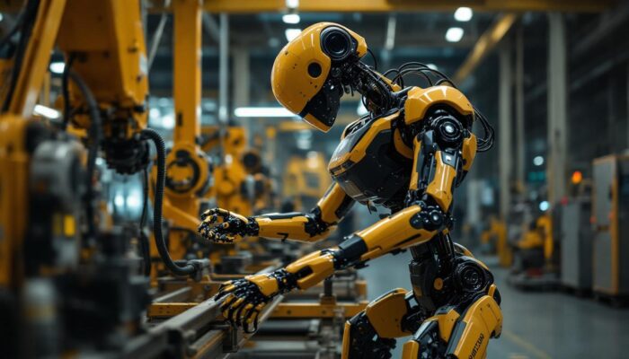 A photograph of capture a photograph of a boston dynamics robot in action within an industrial setting