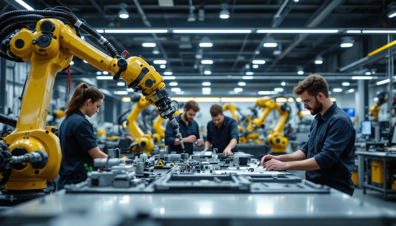 A photograph of a dynamic industrial robotics workspace in boston