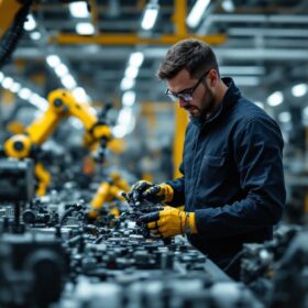 A photograph of a skilled technician working on the assembly line