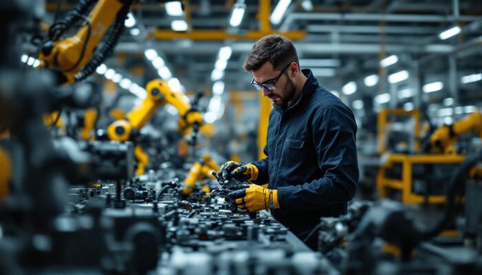 A photograph of a skilled technician working on the assembly line