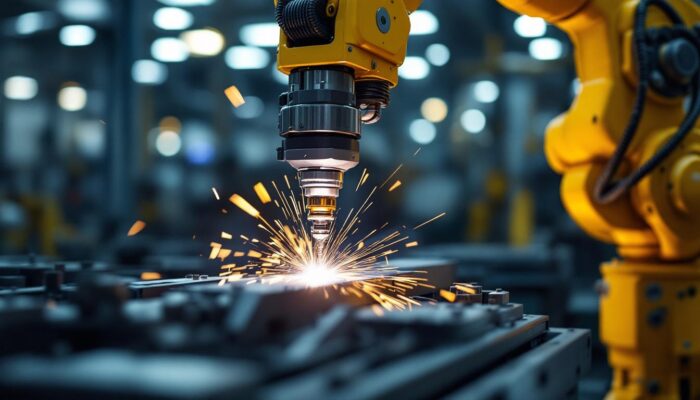 A photograph of a robotic arm performing spot welding on metal components in an industrial setting