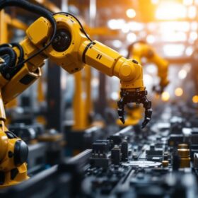 A photograph of capture a photograph of an industrial robot in action within a manufacturing setting