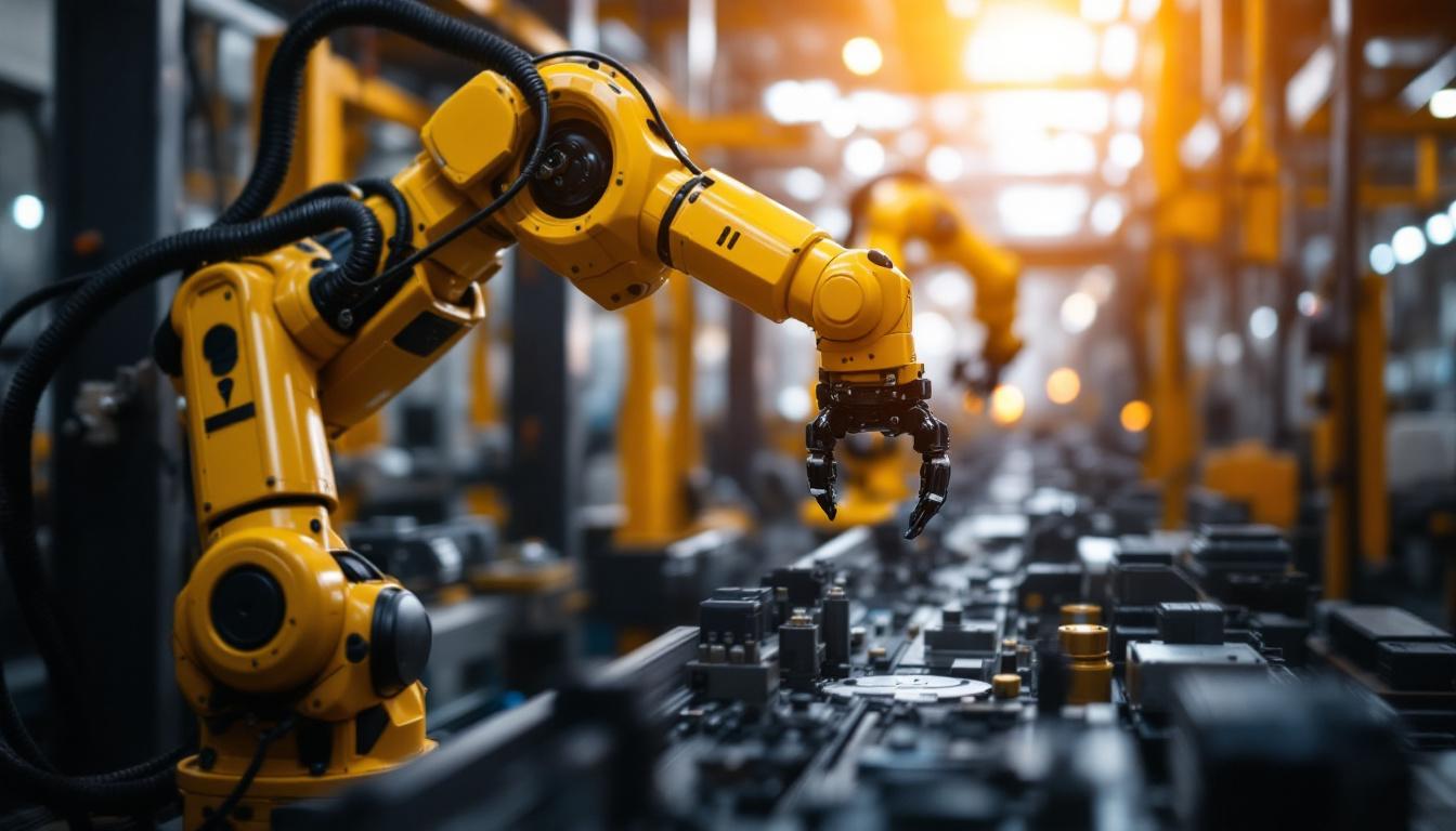 A photograph of capture a photograph of an industrial robot in action within a manufacturing setting