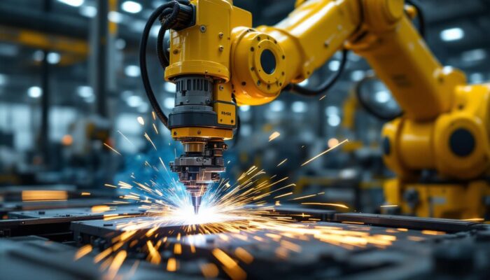 A photograph of a high-tech automatic spot welder in action within an industrial setting