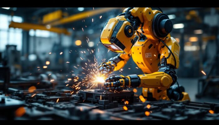 A photograph of a robotic welding machine in action