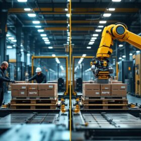 A photograph of a side-by-side comparison of a traditional palletizing setup with manual laborers and a modern robotic palletizing system in action