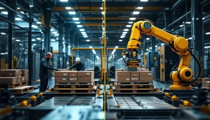A photograph of a side-by-side comparison of a traditional palletizing setup with manual laborers and a modern robotic palletizing system in action