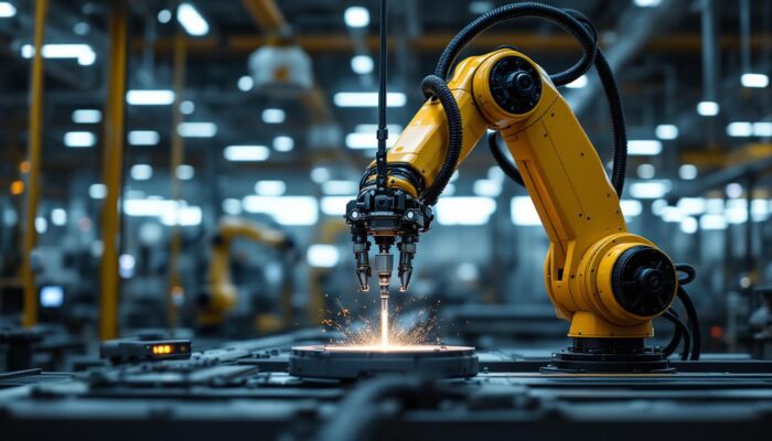 A photograph of a sleek industrial robotic arm in action