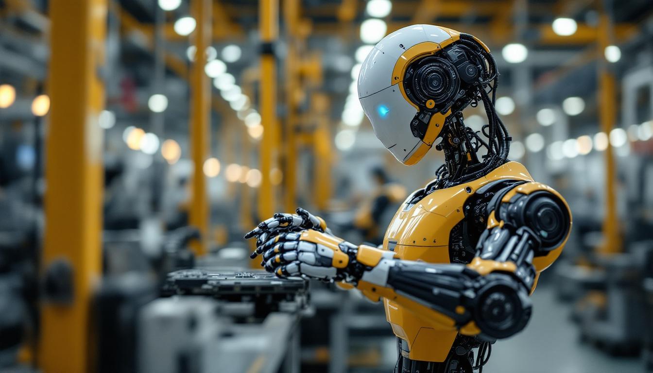 A photograph of a sleek kawasaki industrial robot in action within a modern manufacturing setting