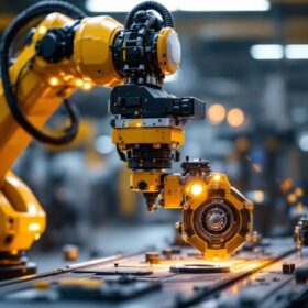 A photograph of a high-tech industrial robotic arm in action