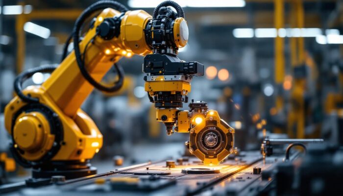 A photograph of a high-tech industrial robotic arm in action