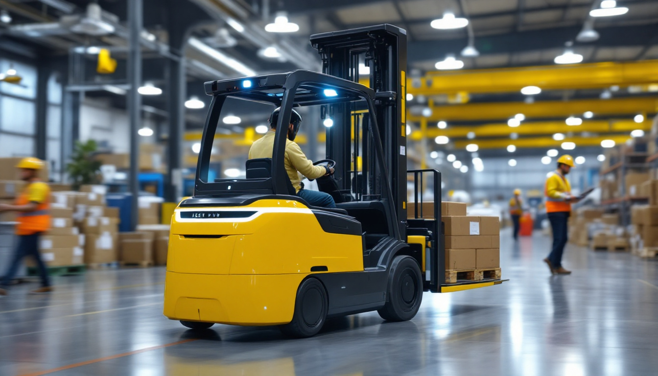 A photograph of a self-driving forklift in action within a bustling warehouse environment