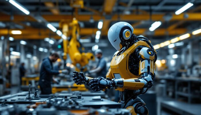 A photograph of a sleek kawasaki industrial robot in action within a modern manufacturing environment