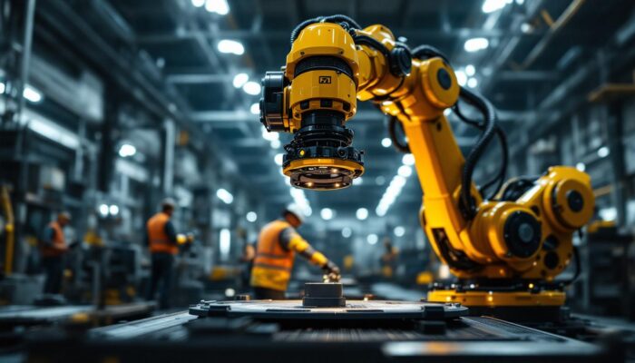 A photograph of a large industrial robotic arm in action