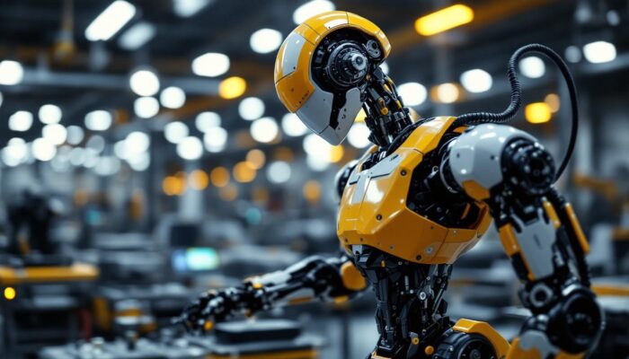 A photograph of a sleek industrial robot in action