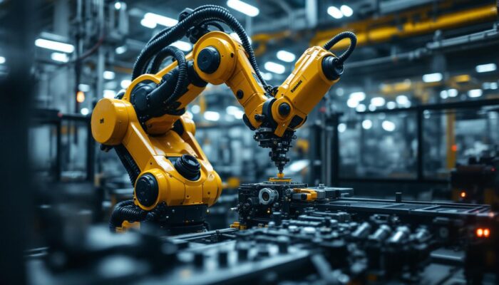 A photograph of a zx130 kawasaki industrial robot in action within a manufacturing environment