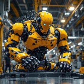 A photograph of a large industrial robot in action within a manufacturing setting
