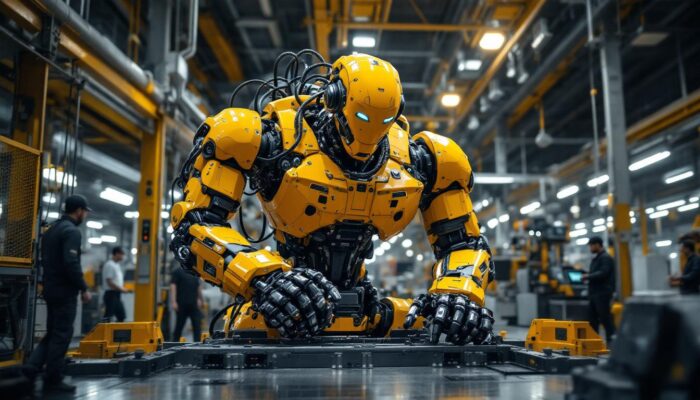 A photograph of a large industrial robot in action within a manufacturing setting