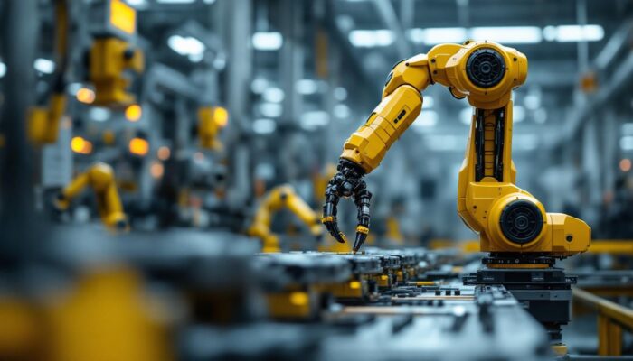 A photograph of a jointed arm robot in action within an industrial setting