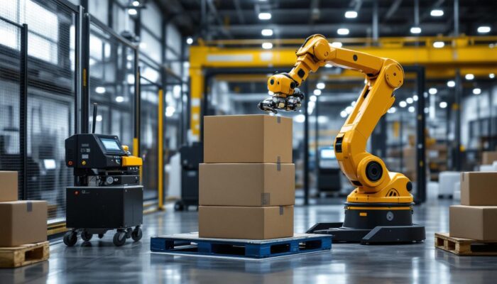 A photograph of a modern robotic palletizing system in action within an industrial setting