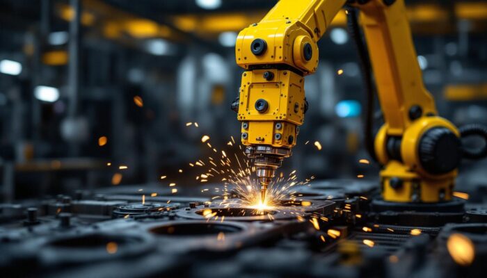 A photograph of a robotic arm performing spot welding on metal components in an industrial setting