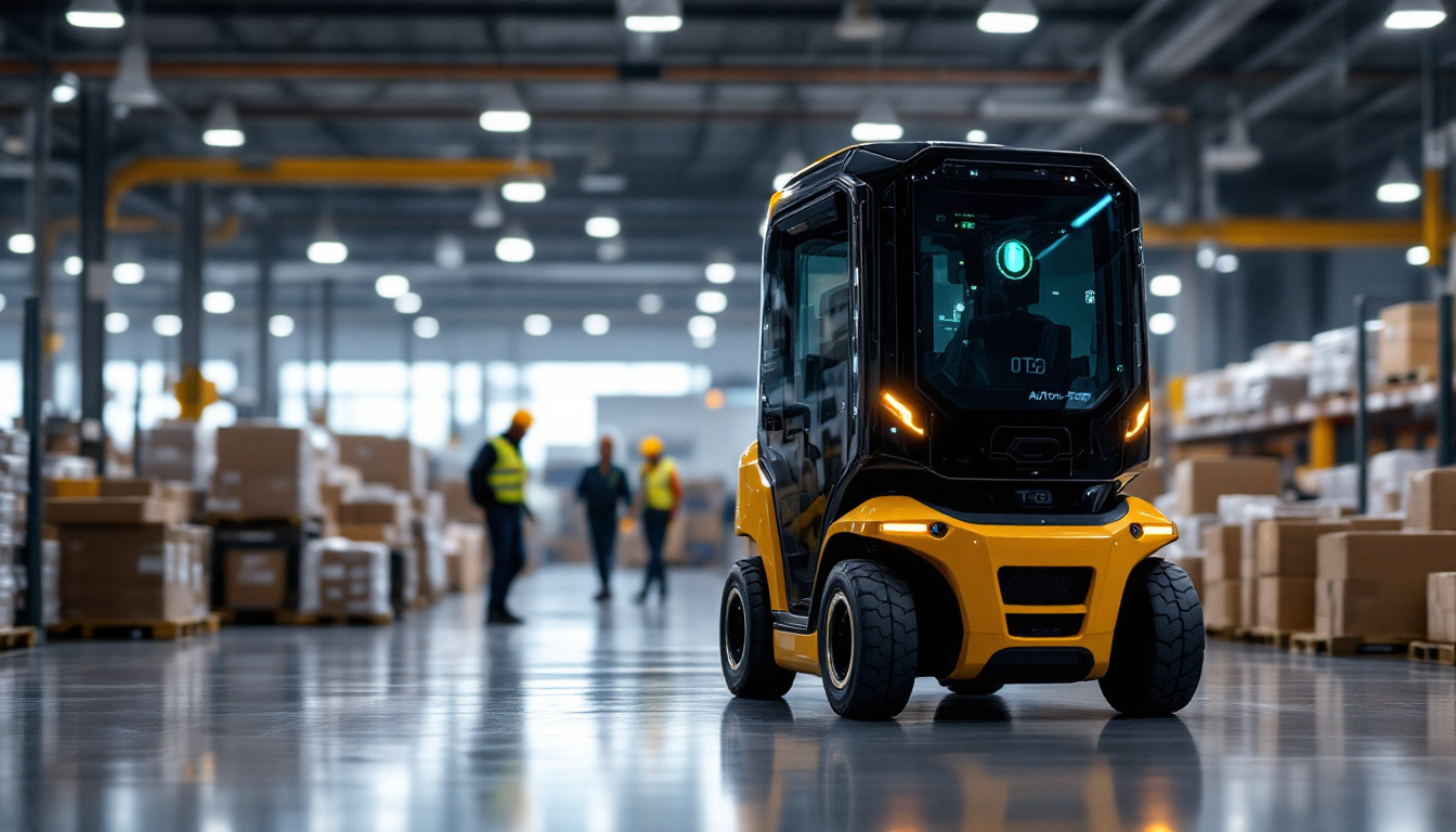 A photograph of capture a photograph of an autonomous forklift in action within a busy warehouse environment
