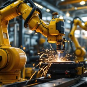 A photograph of a skilled welder operating a state-of-the-art industrial robotic arm in a dynamic workshop setting
